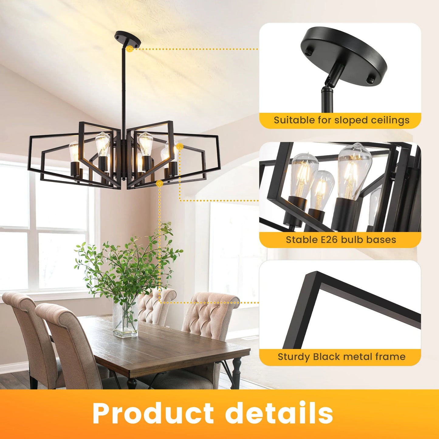 Geometric 8-Light Adjustable Height Chandelier Black Frame And Gold Accents