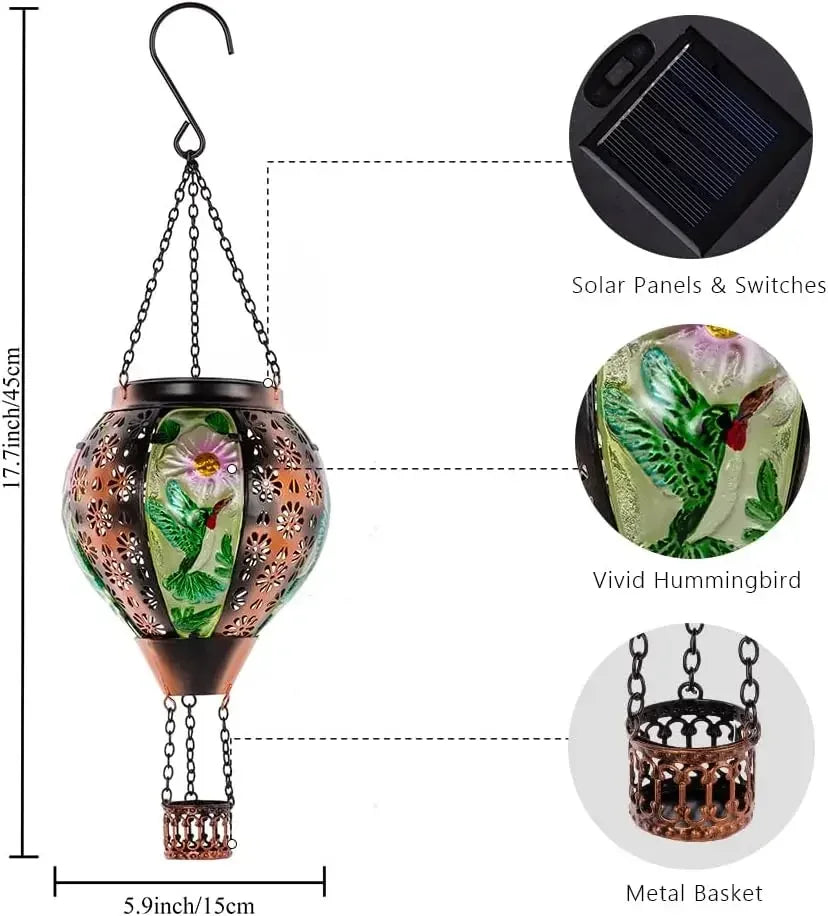 Hummingbird Solar Lantern Hot Air Balloon With Metal And Glass