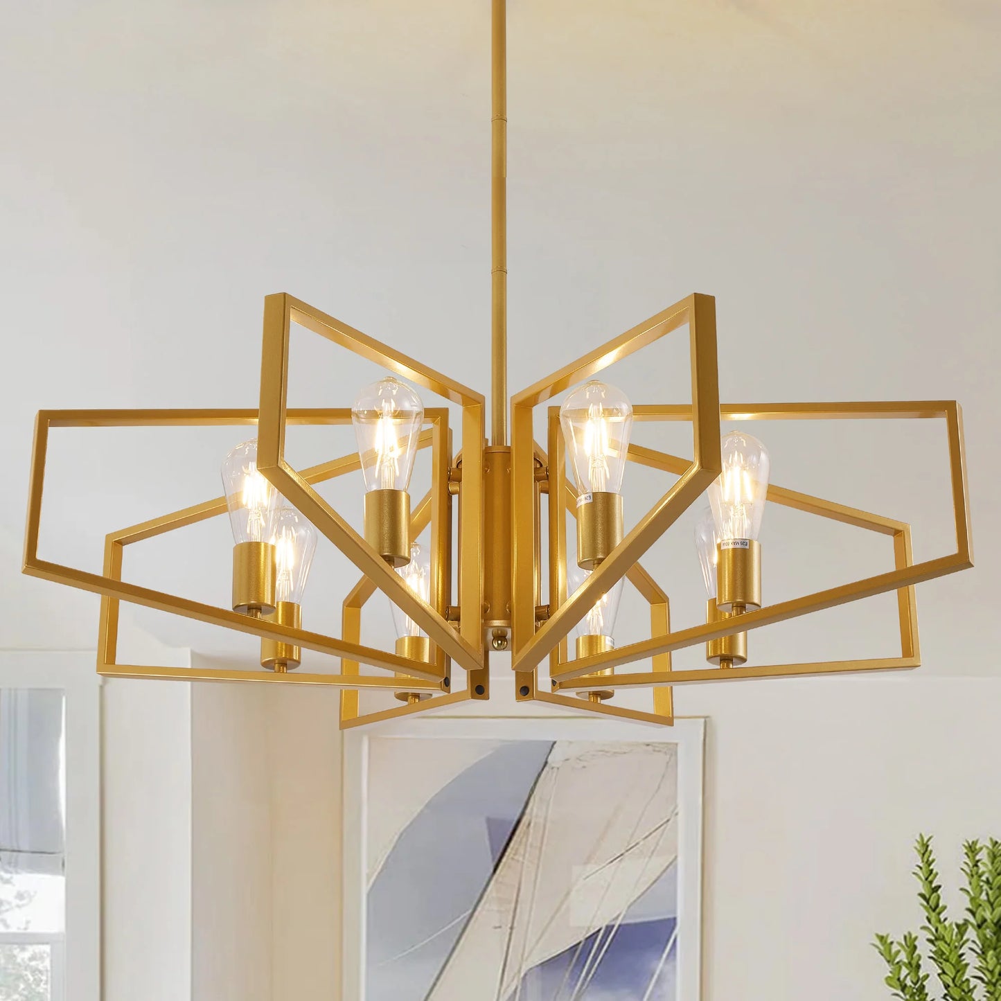 Geometric 8-Light Adjustable Height Chandelier Black Frame And Gold Accents