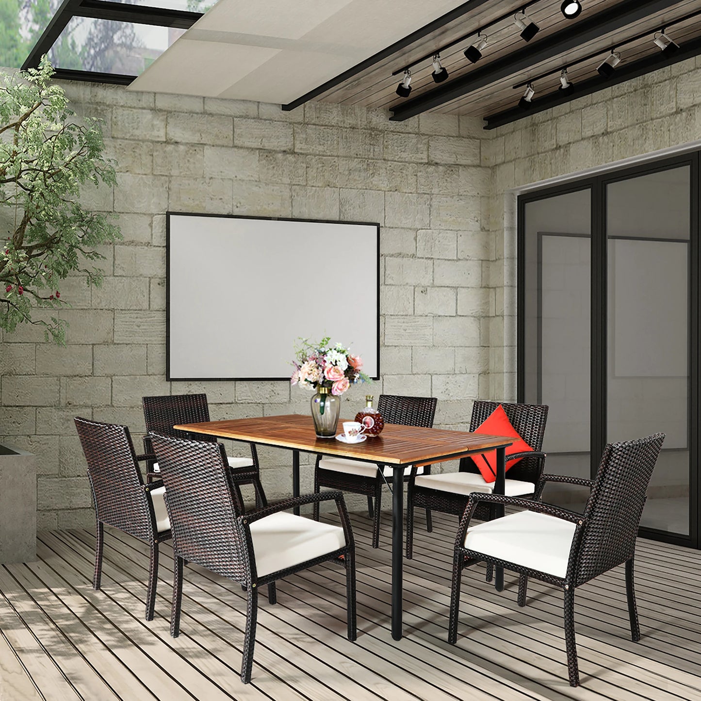 Homasis 7 Piece Patio Rattan Dining Set With Umbrella Hole