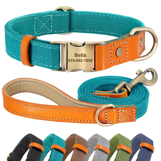 Nylon Custom Dog Collar Leash Set With Personalized Nameplate ID