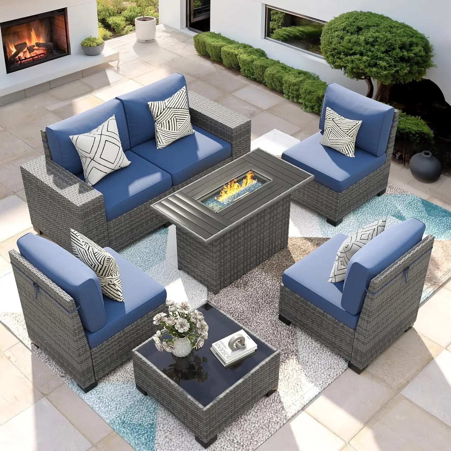 XIAOLANG 7-Piece Outdoor Patio Furniture Set With Fire Pit Table
