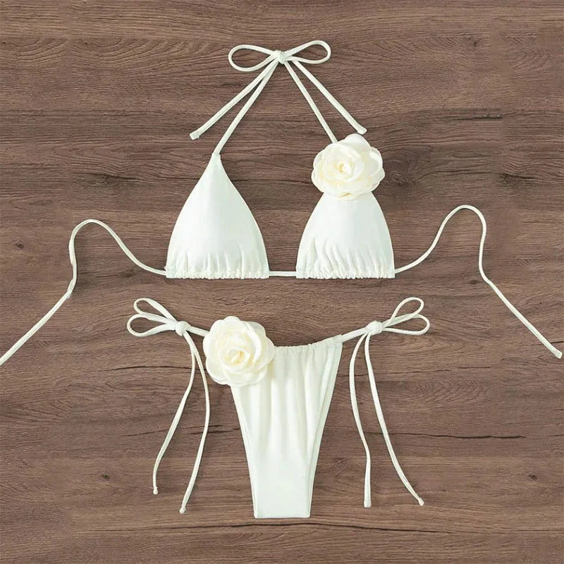 Sexy 3D Flowers Halter Strappy Bikini Set Women Swimwear