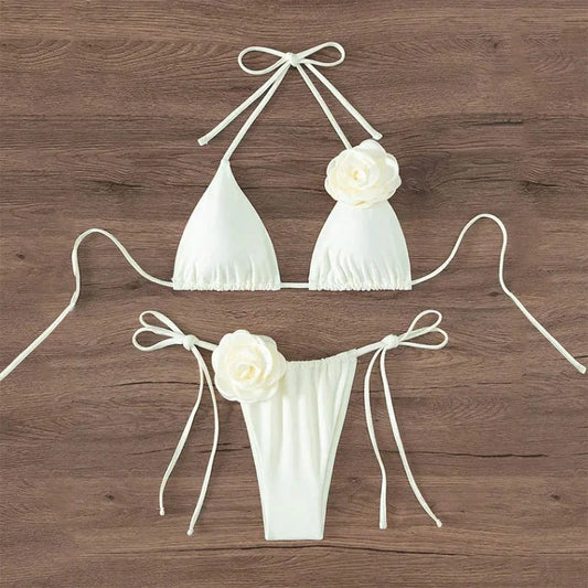 Sexy 3D Flowers Halter Strappy Bikini Set Women Swimwear