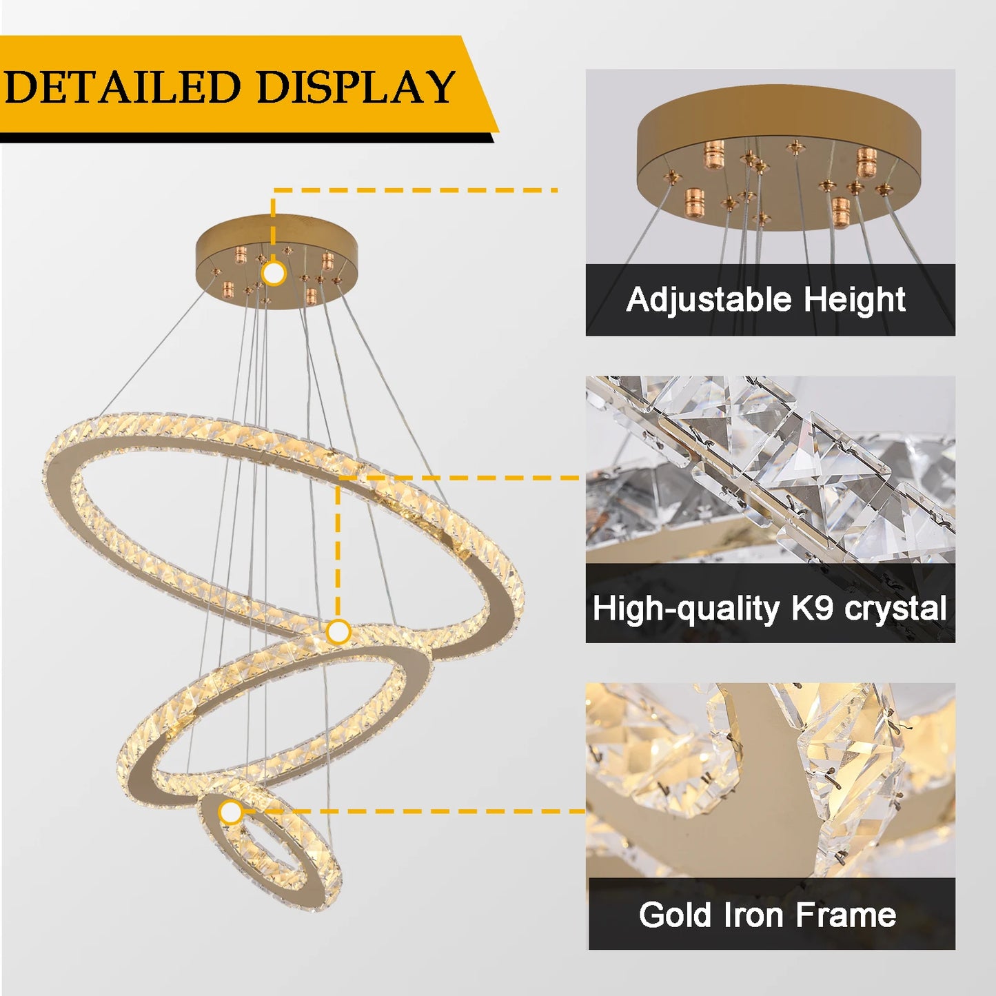 VETRULUS Crystal Ceiling Chandelier Three Ring Pendant Light