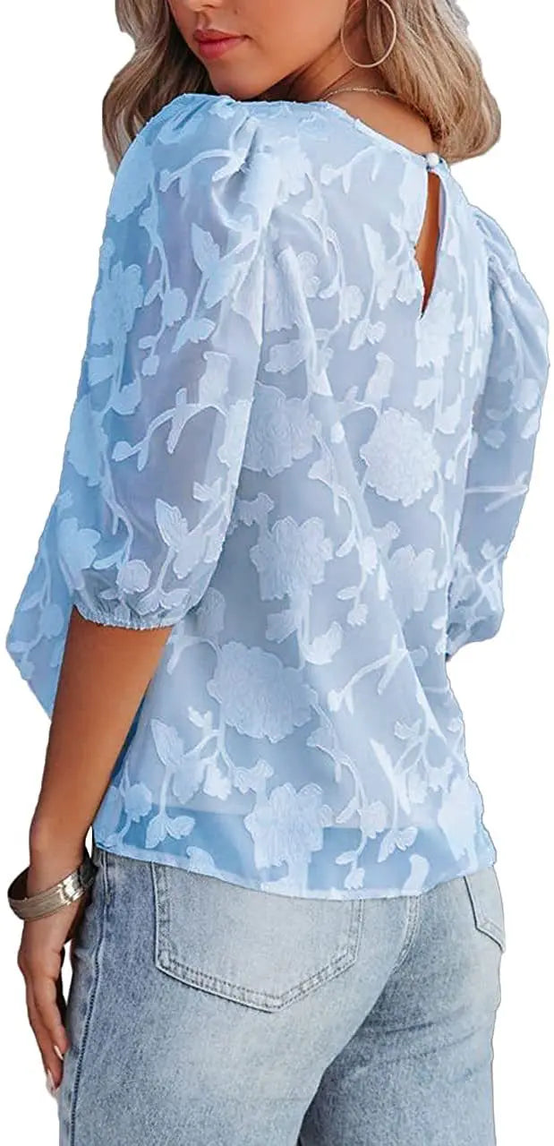 Women Puff Sleeve Chiffon Blouse Floral Lace Trim Loose Fit