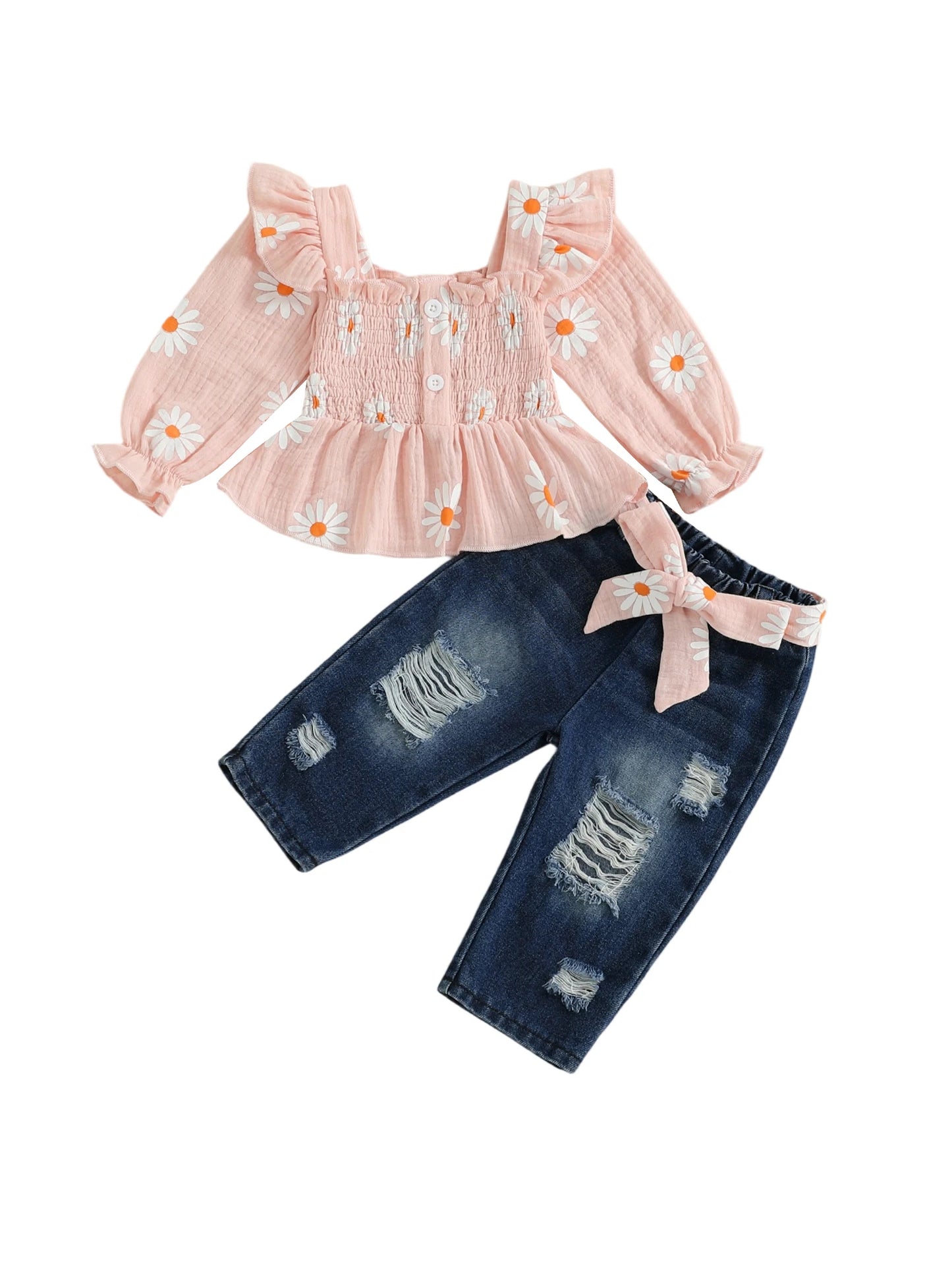 Girls Floral Print 2 Piece Belted Denim Pants Set Outfit
