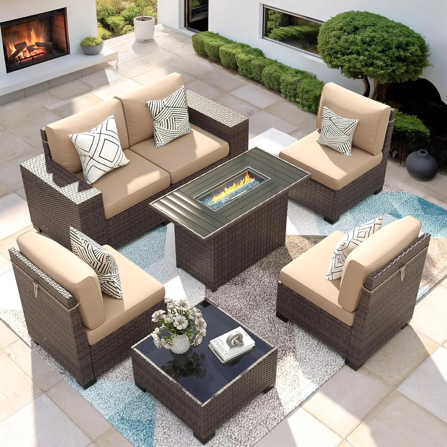 XIAOLANG 7-Piece Outdoor Patio Furniture Set With Fire Pit Table