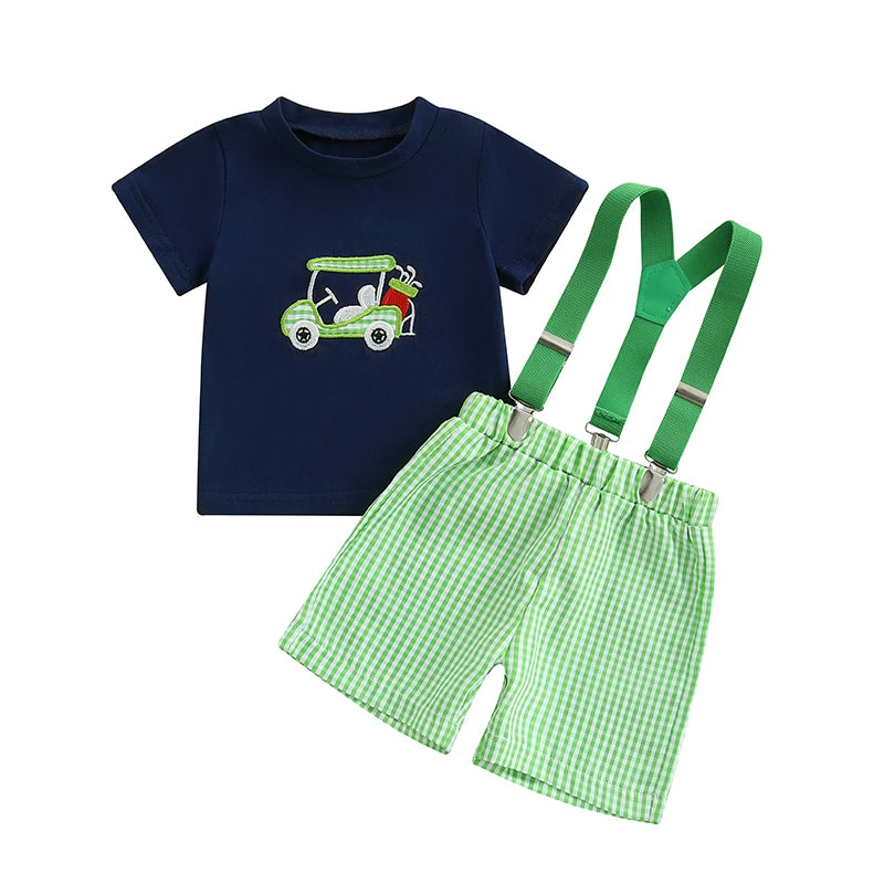 Unisex Dinosaur Print Summer Tee And Plaid Shorts Set
