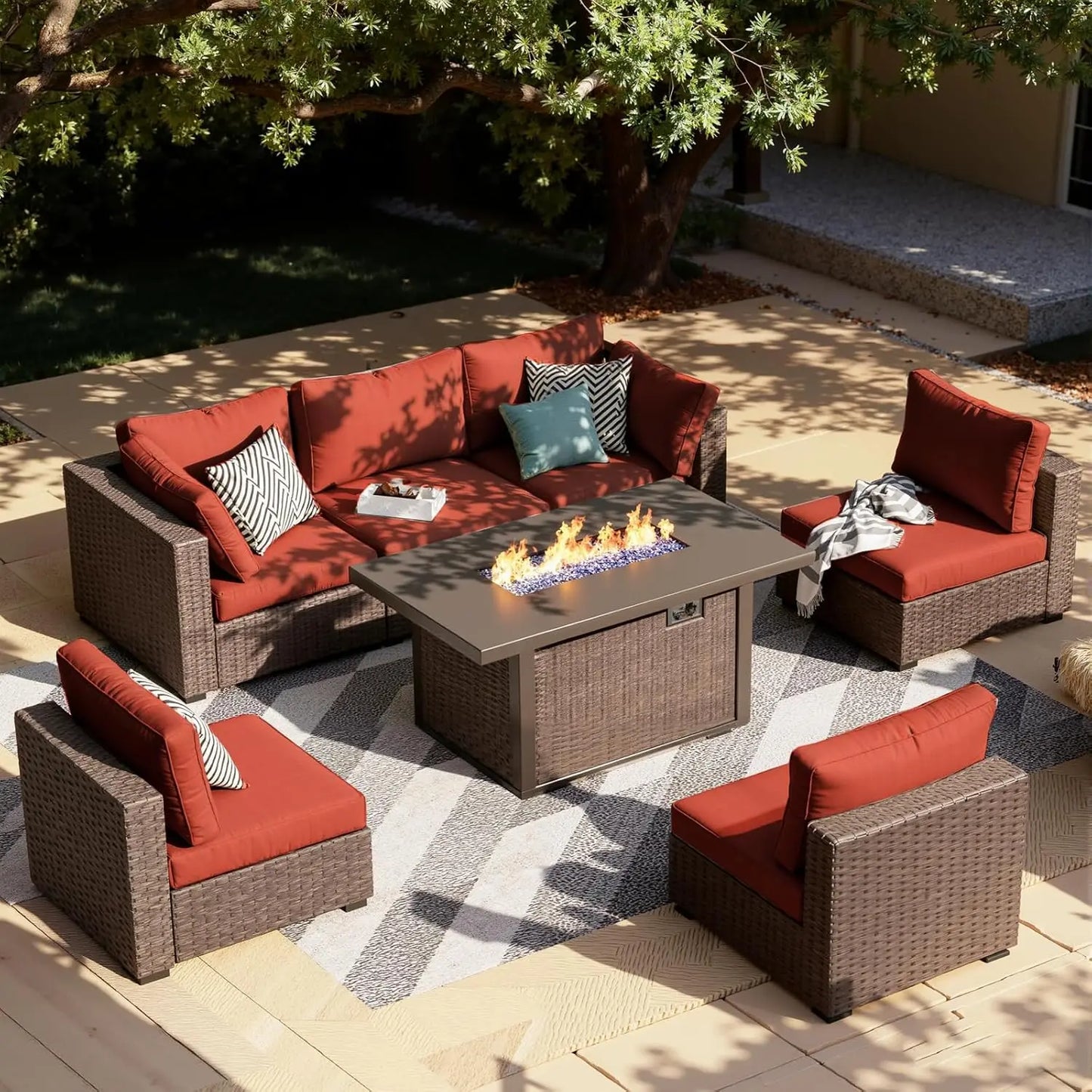 XIAOLANG 7-Piece Outdoor Patio Sectional Sofa Set With Firepit Table