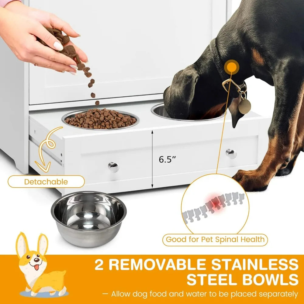 Pet Feeder Station With Double Pull Out Bowls And Cabinet
