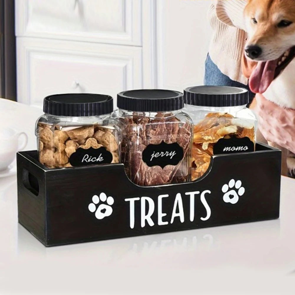Wooden Dog Food Storage Holder With 3 Treat Jars Airtight