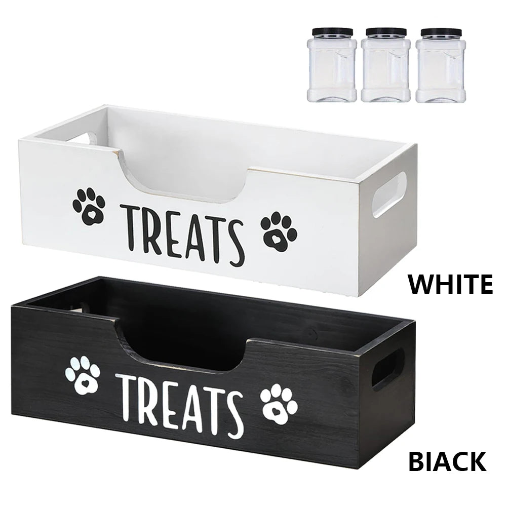 Wooden Dog Food Storage Holder With 3 Treat Jars Airtight