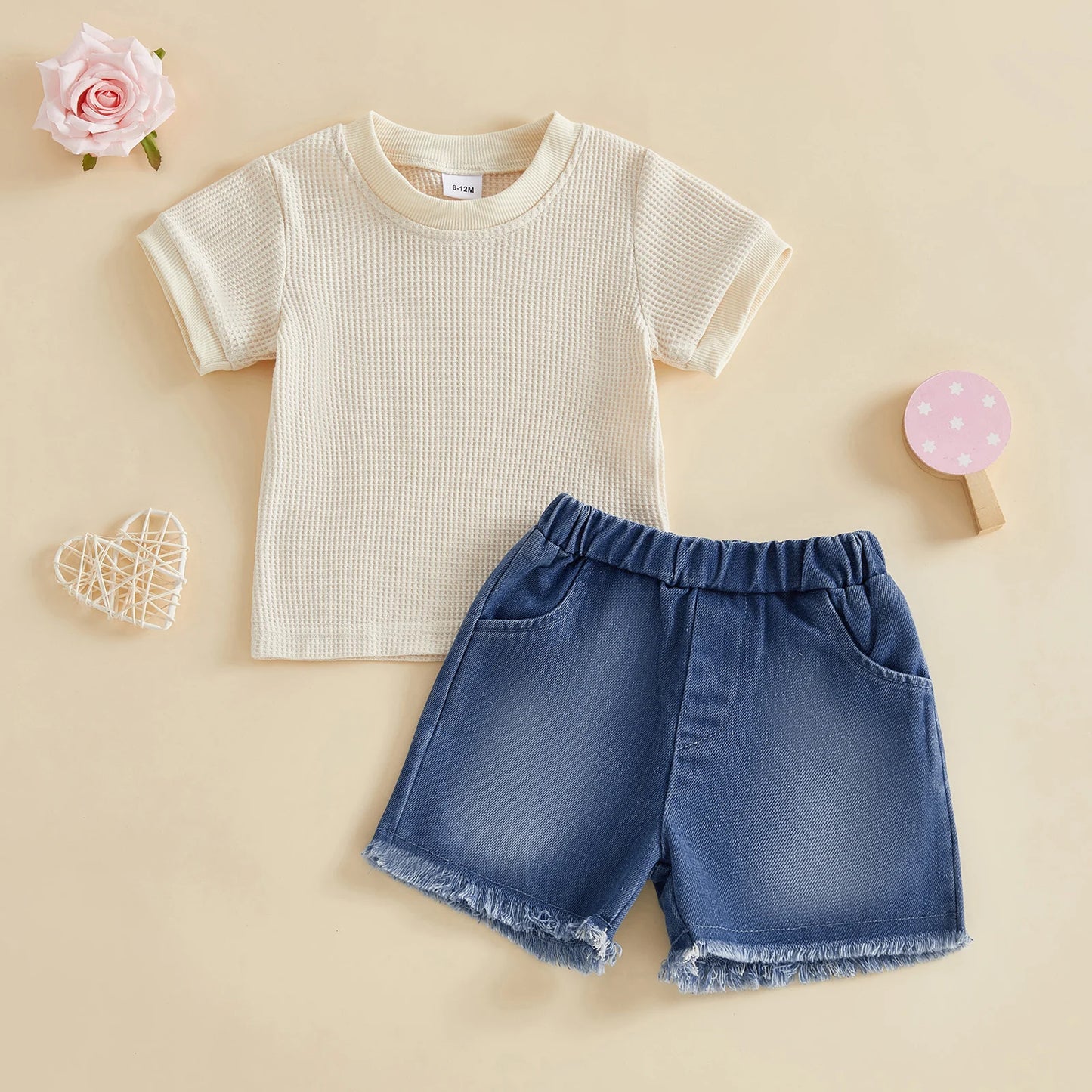 Two-Piece Infant Summer Outfit Set Crew Neck Tops Denim Shorts