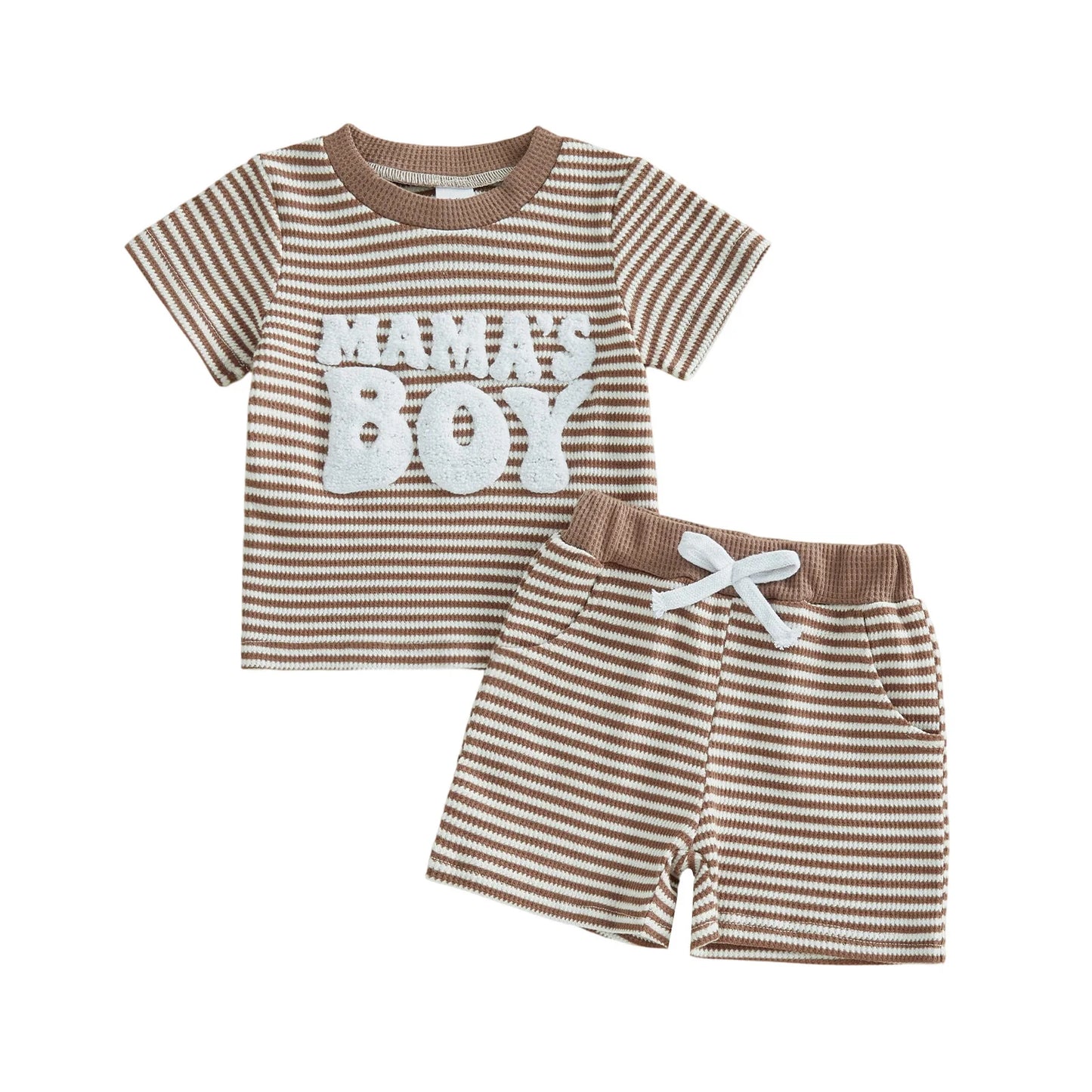 NONECN Baby Boy Summer Clothes Set Embroidered Striped Tee Shorts