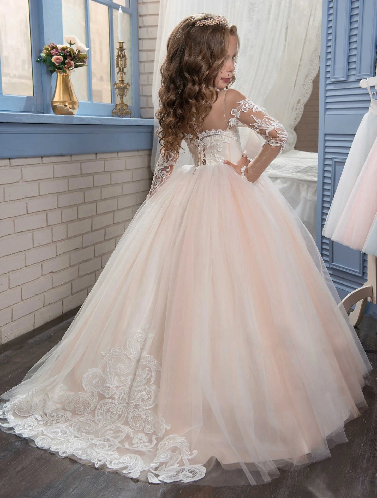 Abaowedding Lace Embroidery Sheer Long Sleeve Kids Gown