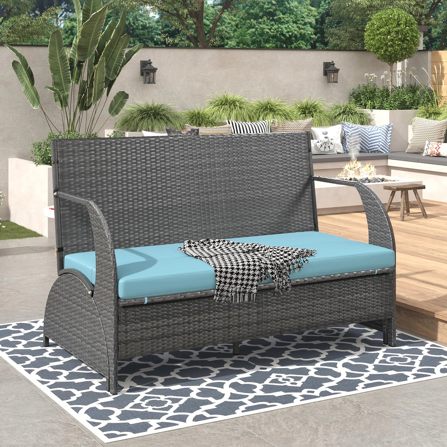 Outdoor Rattan Loveseat Convertible Picnic Bench With Table