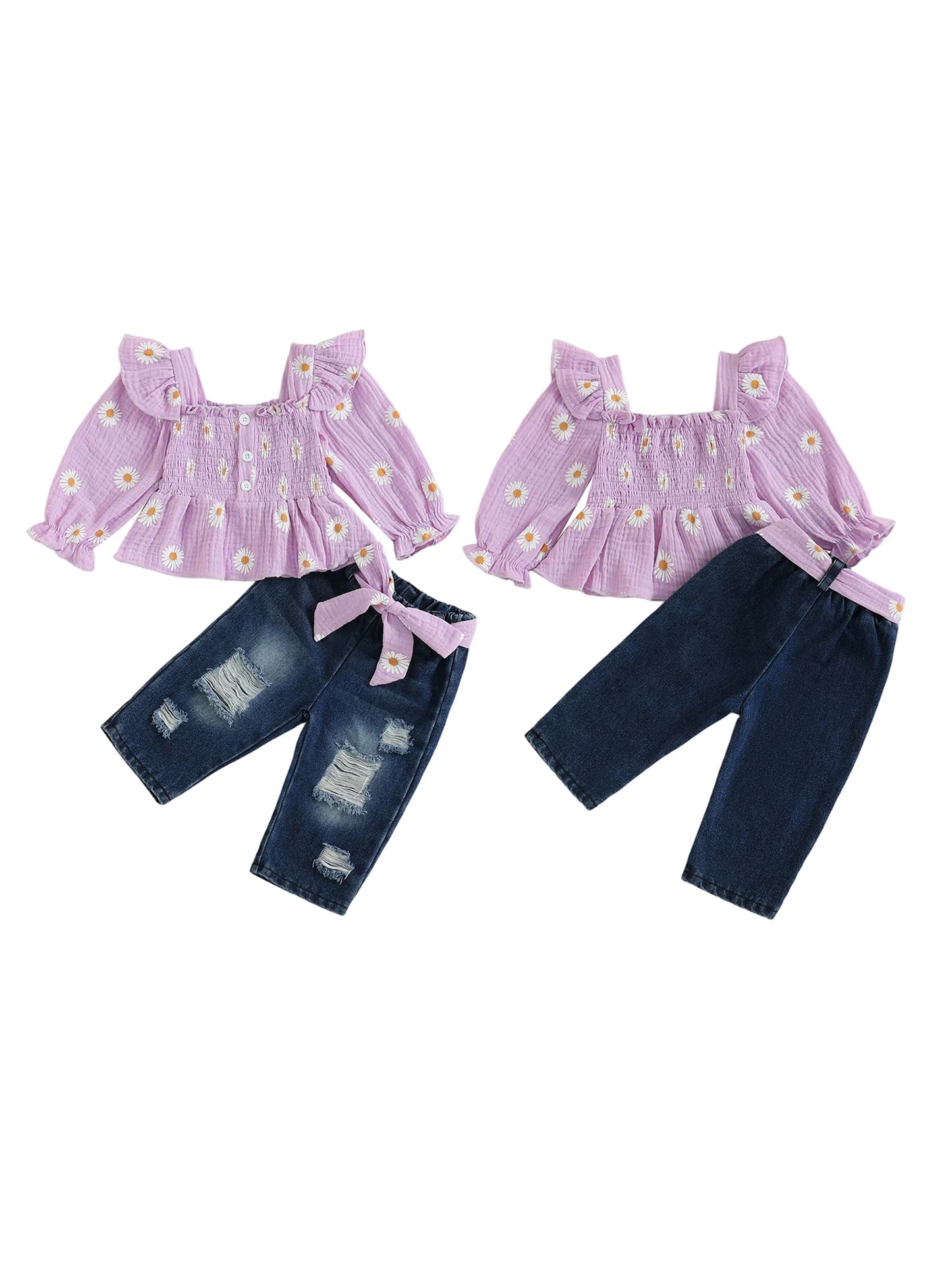 Girls Floral Print 2 Piece Belted Denim Pants Set Outfit