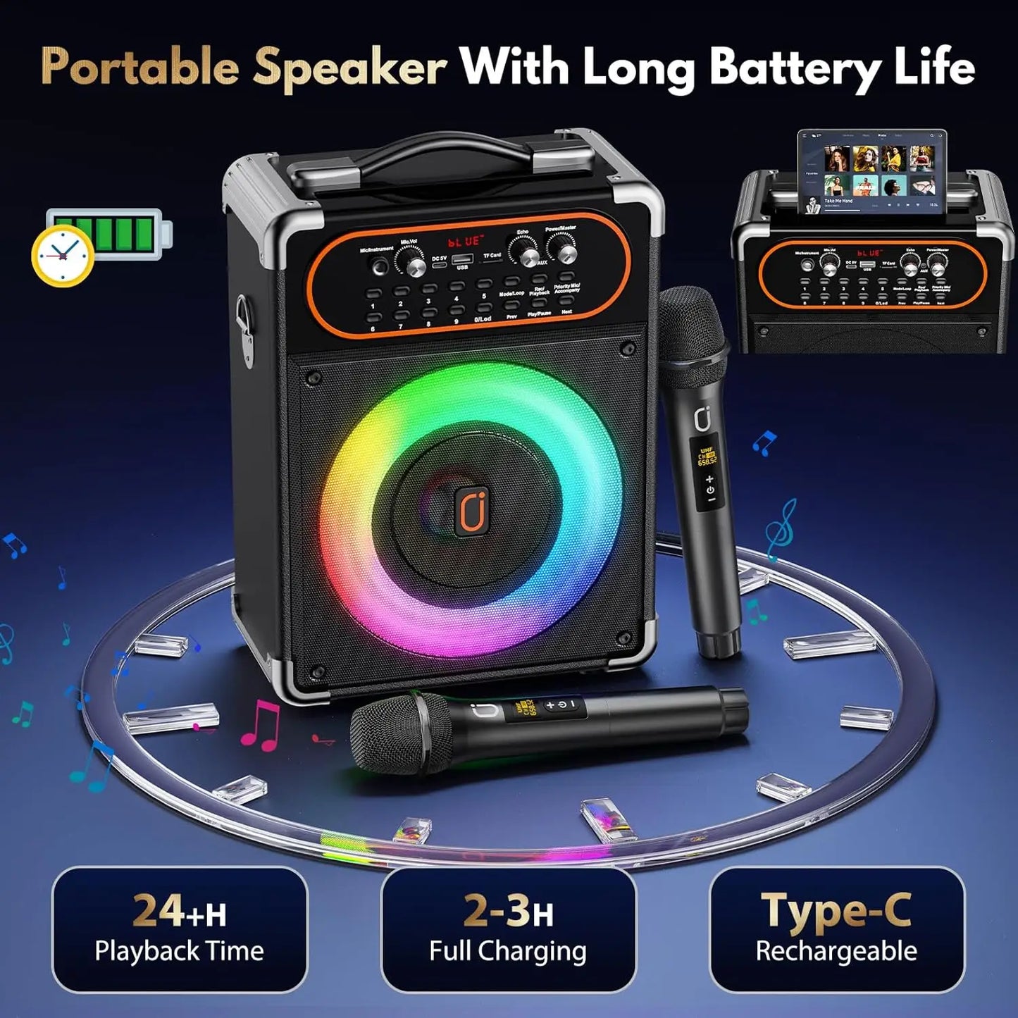 Portable Karaoke Machine With Bluetooth Speaker And Wireless Microphones