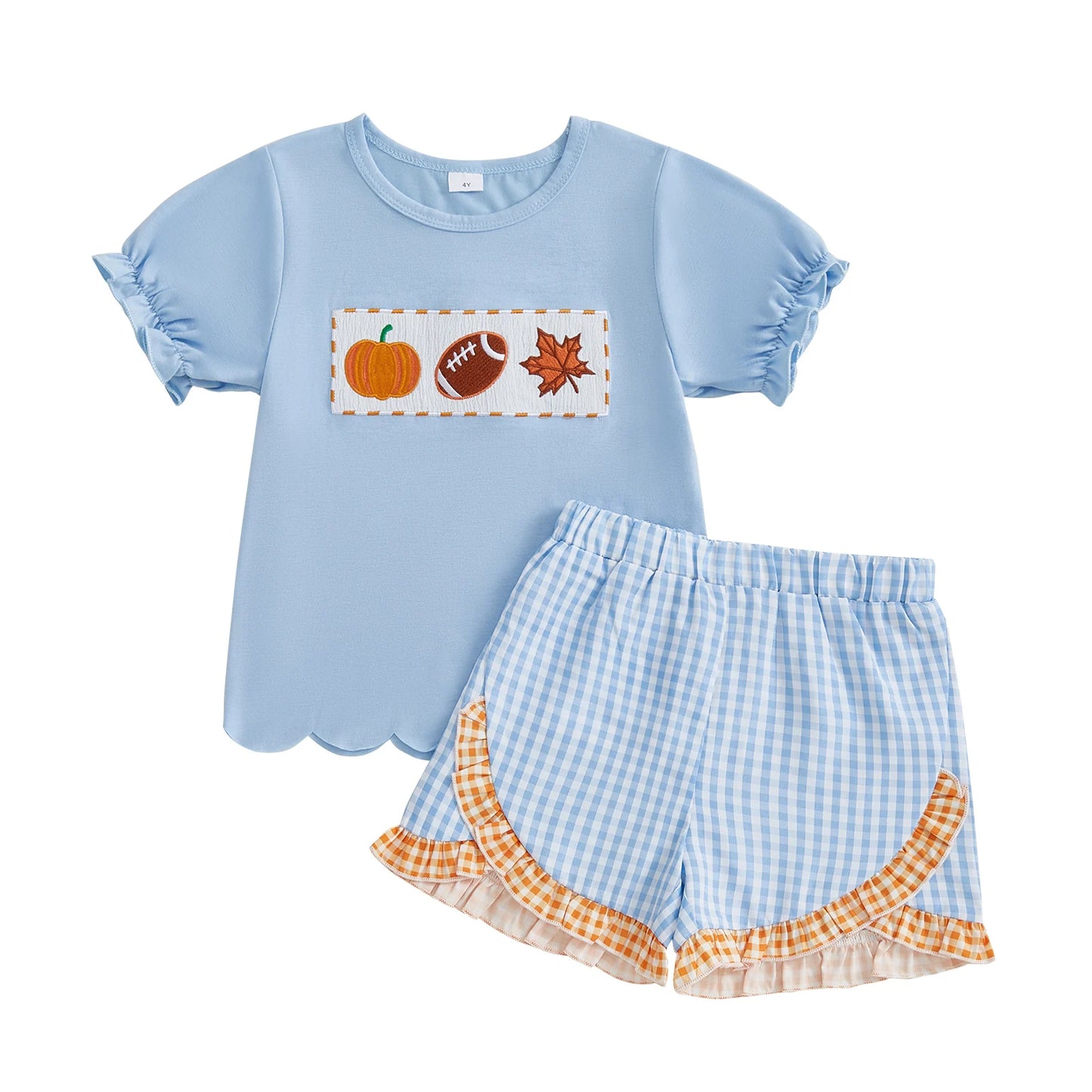 Baby Girls Halloween Costume Embroidered Tee With Plaid Ruffle Shorts Set