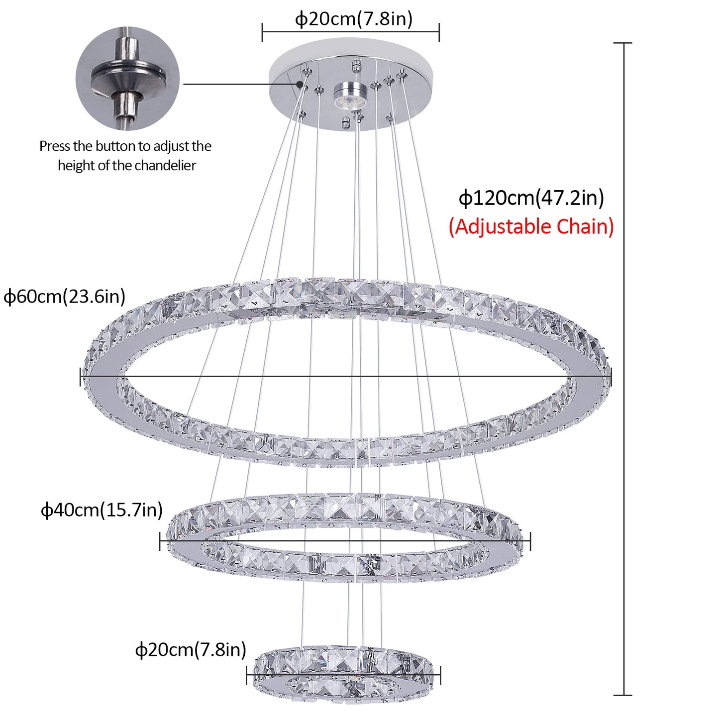 VETRULUS Crystal Ceiling Chandelier Three Ring Pendant Light