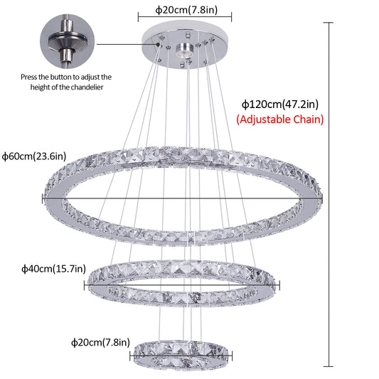 VETRULUS Crystal Ceiling Chandelier Three Ring Pendant Light