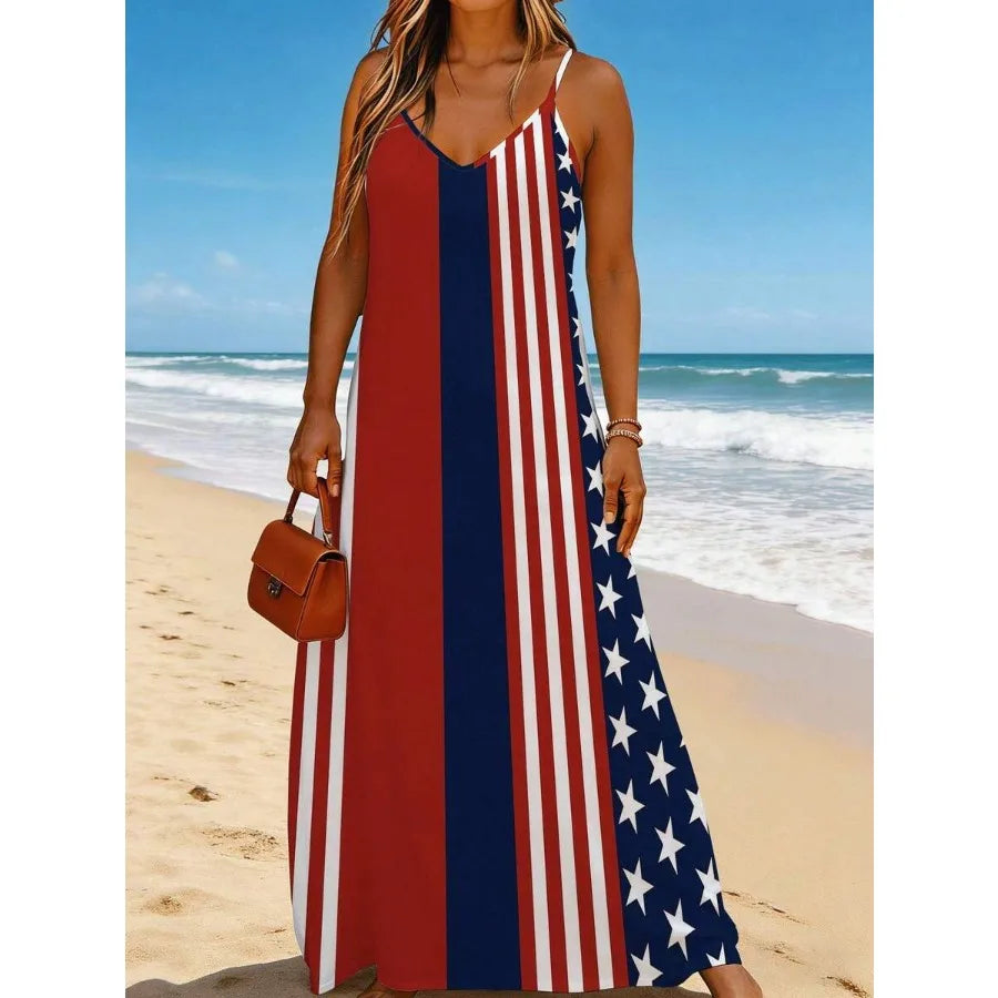 American Flag Print V Neck Sleeveless Maxi Dress For Women