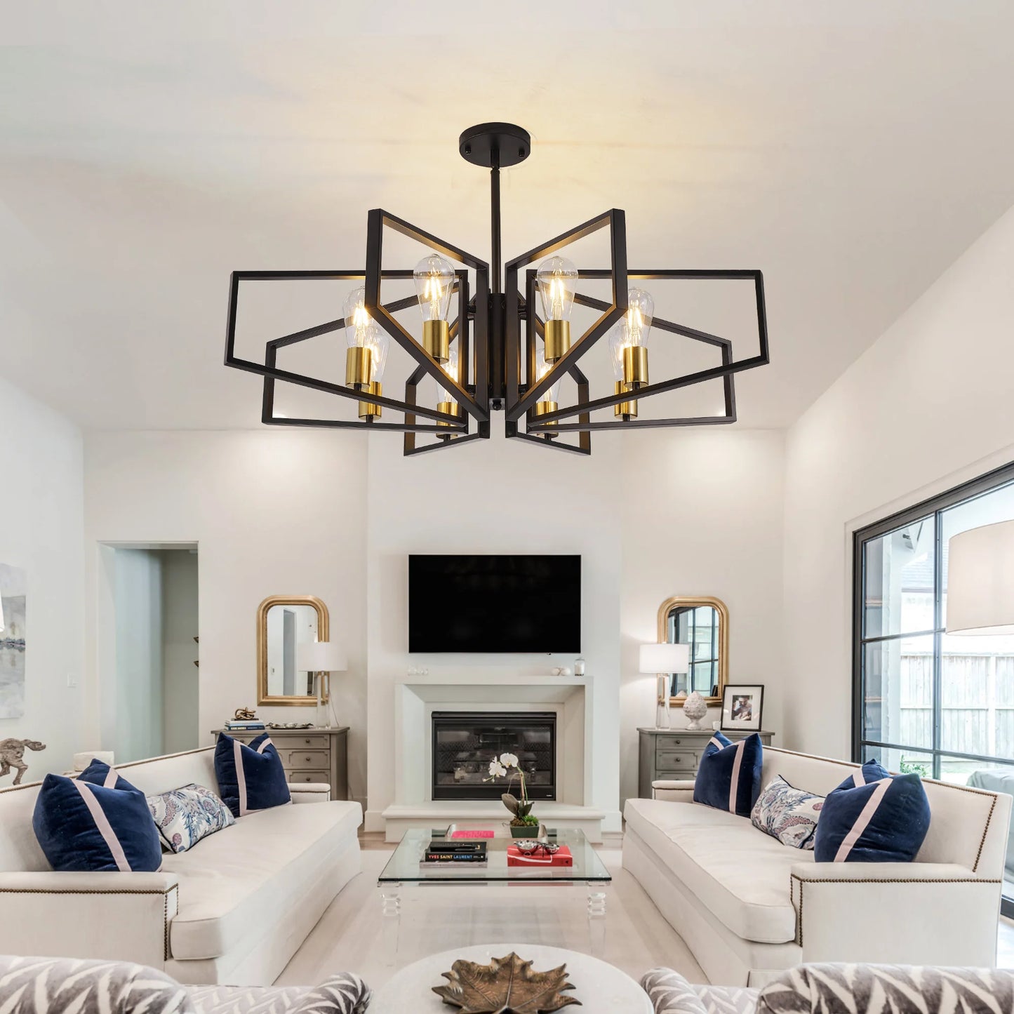 Geometric 8-Light Adjustable Height Chandelier Black Frame And Gold Accents