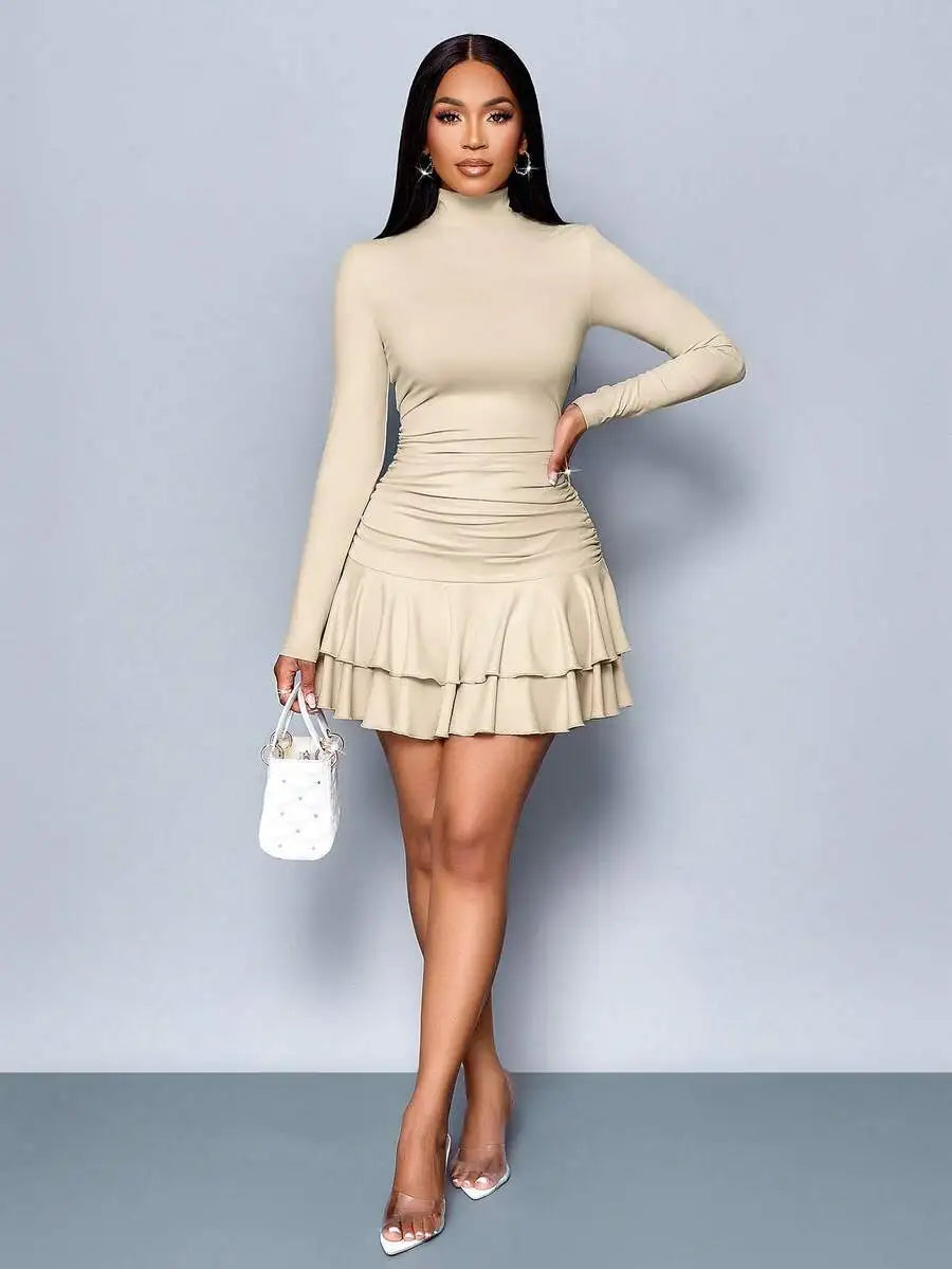 High Neck Long Sleeve Ruched Double Ruffle Mini Dress