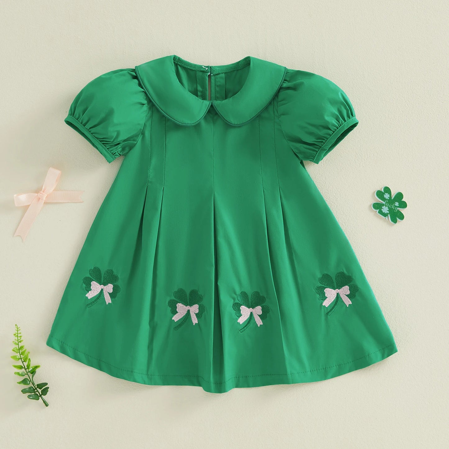 St Patrick Day Toddler Girl Dress With Shamrock Embroidery And Peter Pan Collar