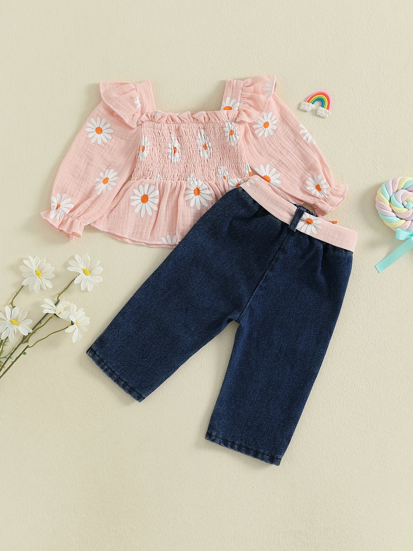 Girls Floral Print 2 Piece Belted Denim Pants Set Outfit