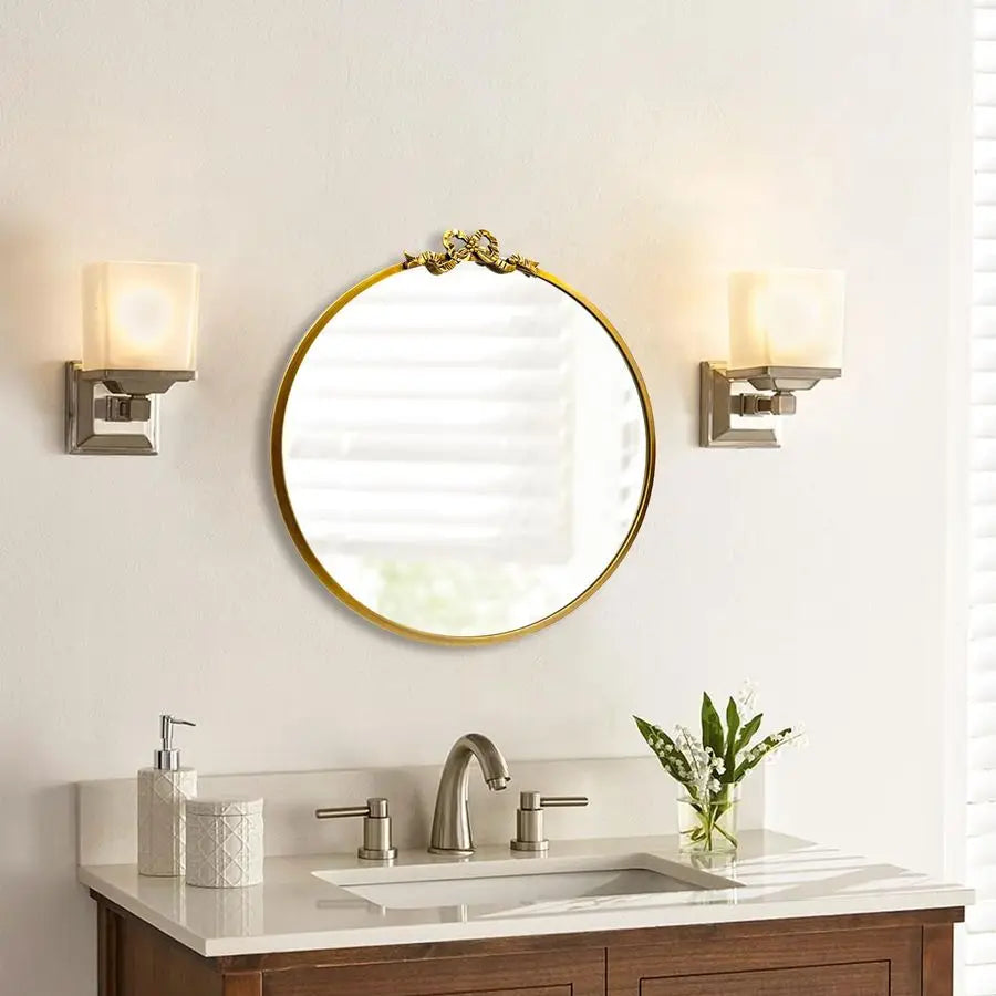 Round Gold Bow Mirror For Bathroom Vanity Baroque Circle Decor