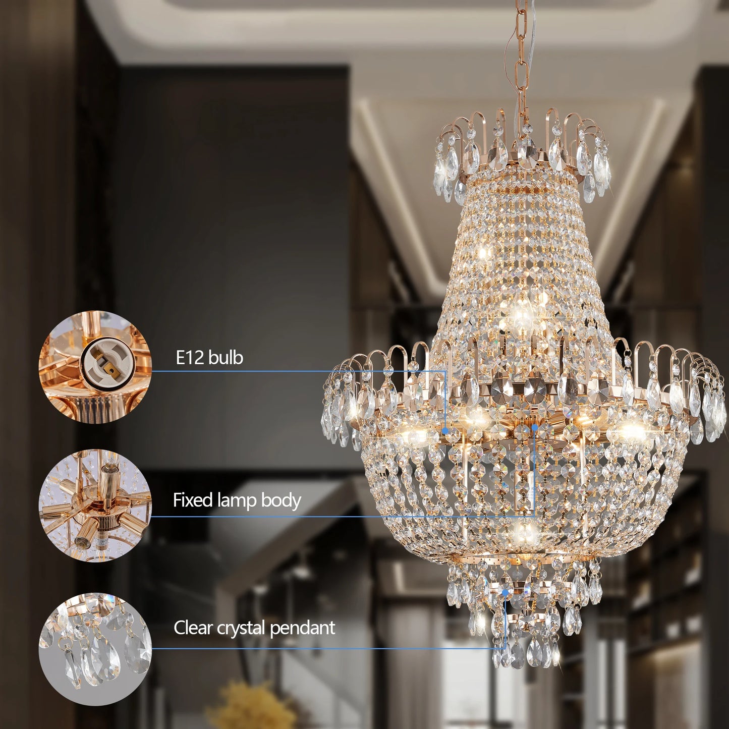 ARLGSITE Luxury Crystal Chandelier K9 Crystals Ceiling Pendant Light