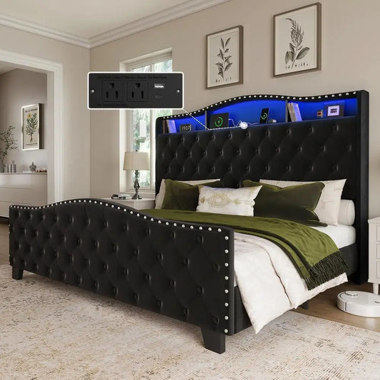 Wingback Velvet Upholstered Bed With LED Lights Storage Charging