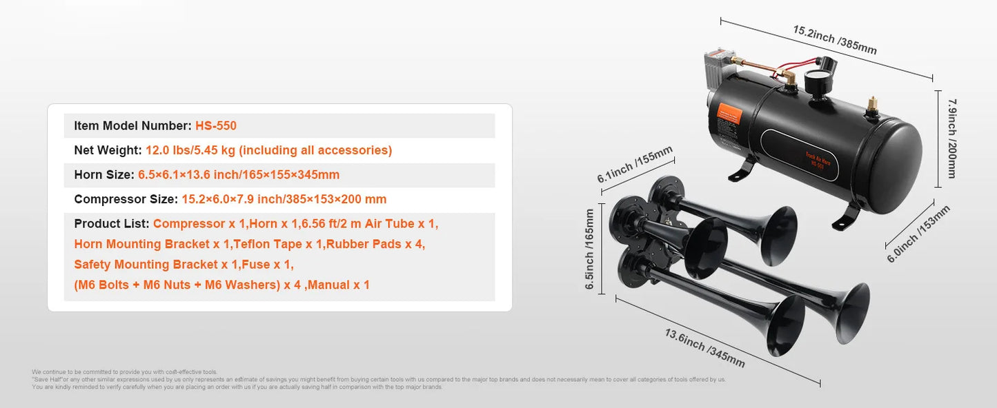 SucceBuy Train Horns Kit 4 Trumpets Air Horns 150dB
