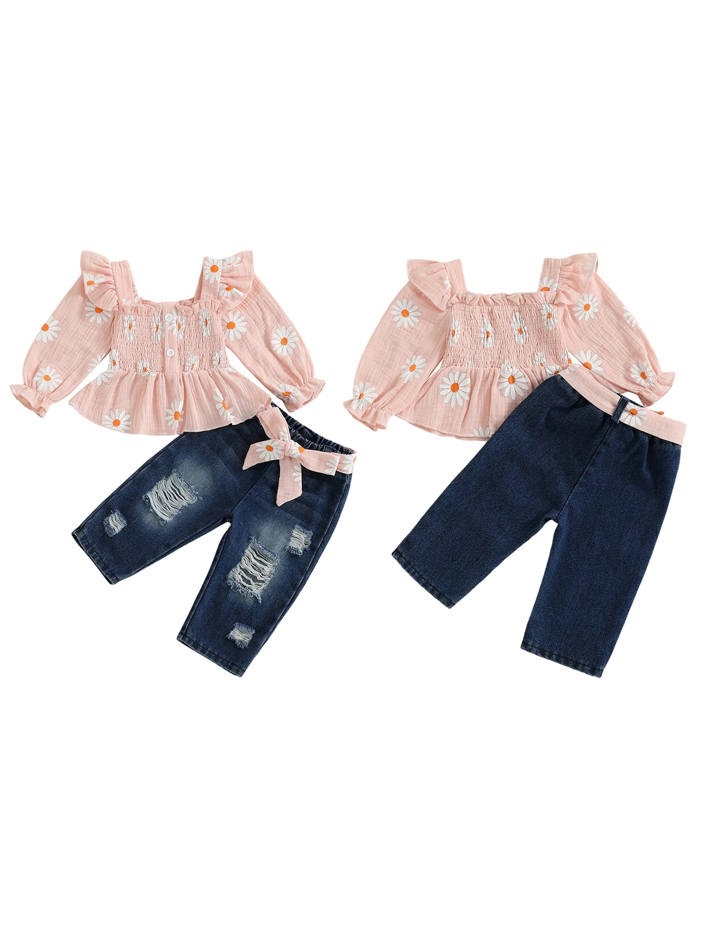 Girls Floral Print 2 Piece Belted Denim Pants Set Outfit