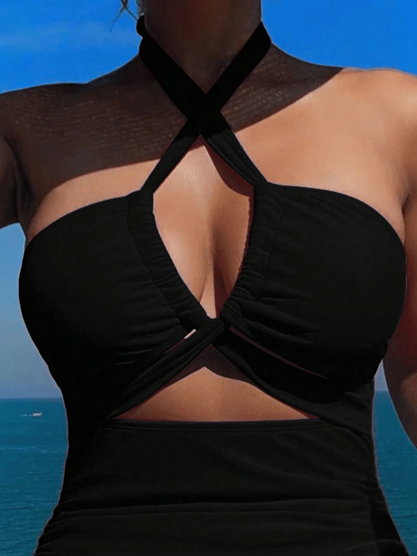 NONECN Hanging Neck Cross Pleated One Piece Bikini Swimsuit