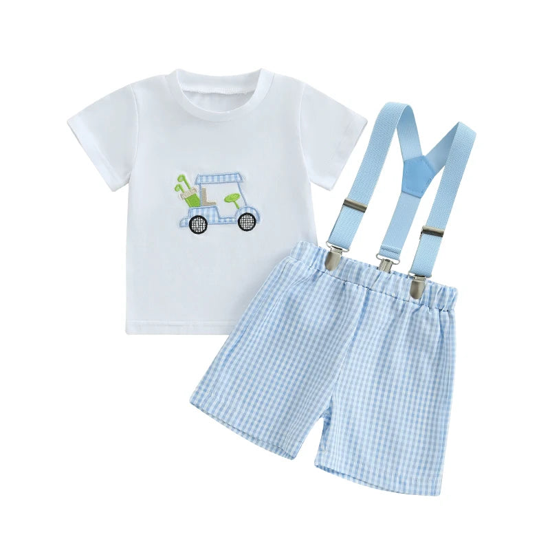 Unisex Dinosaur Print Summer Tee And Plaid Shorts Set
