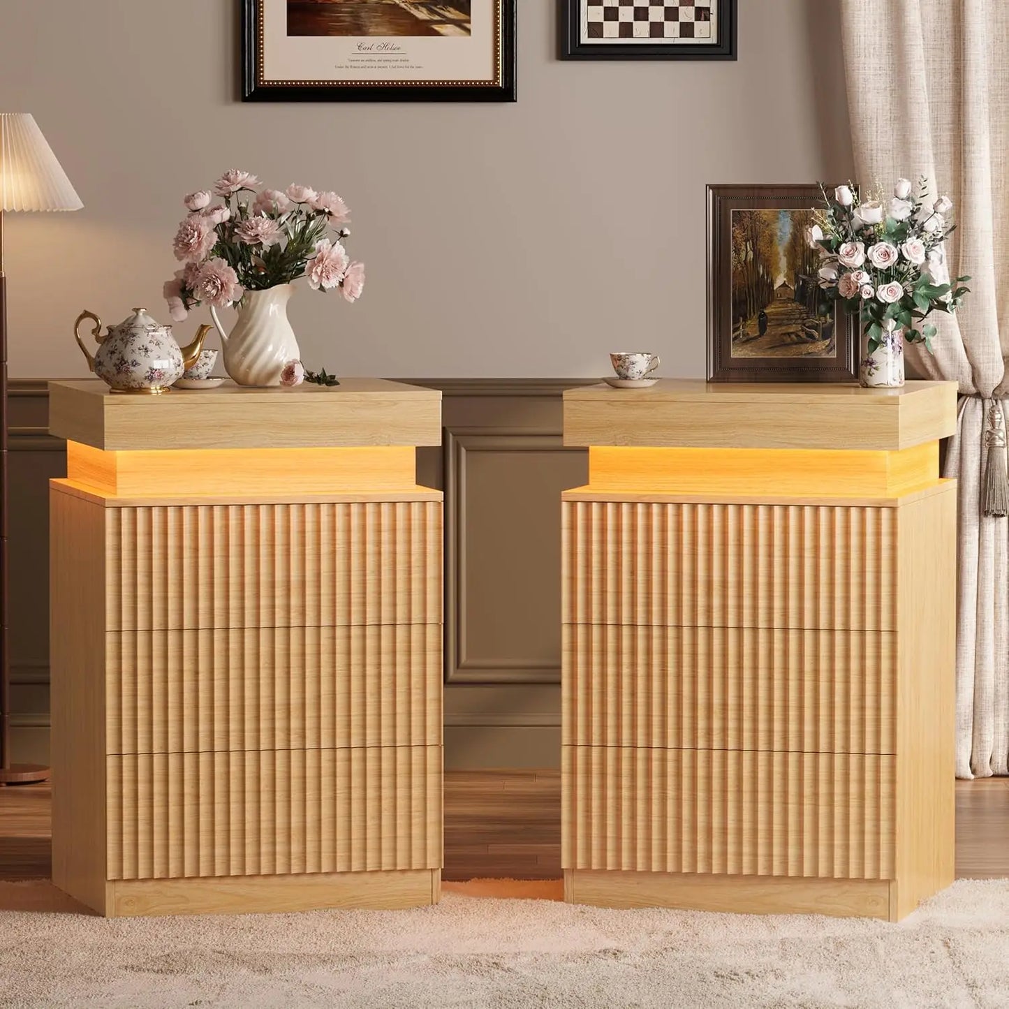 Nightstands Set of 2 LED Charging Station Mid Century Modern