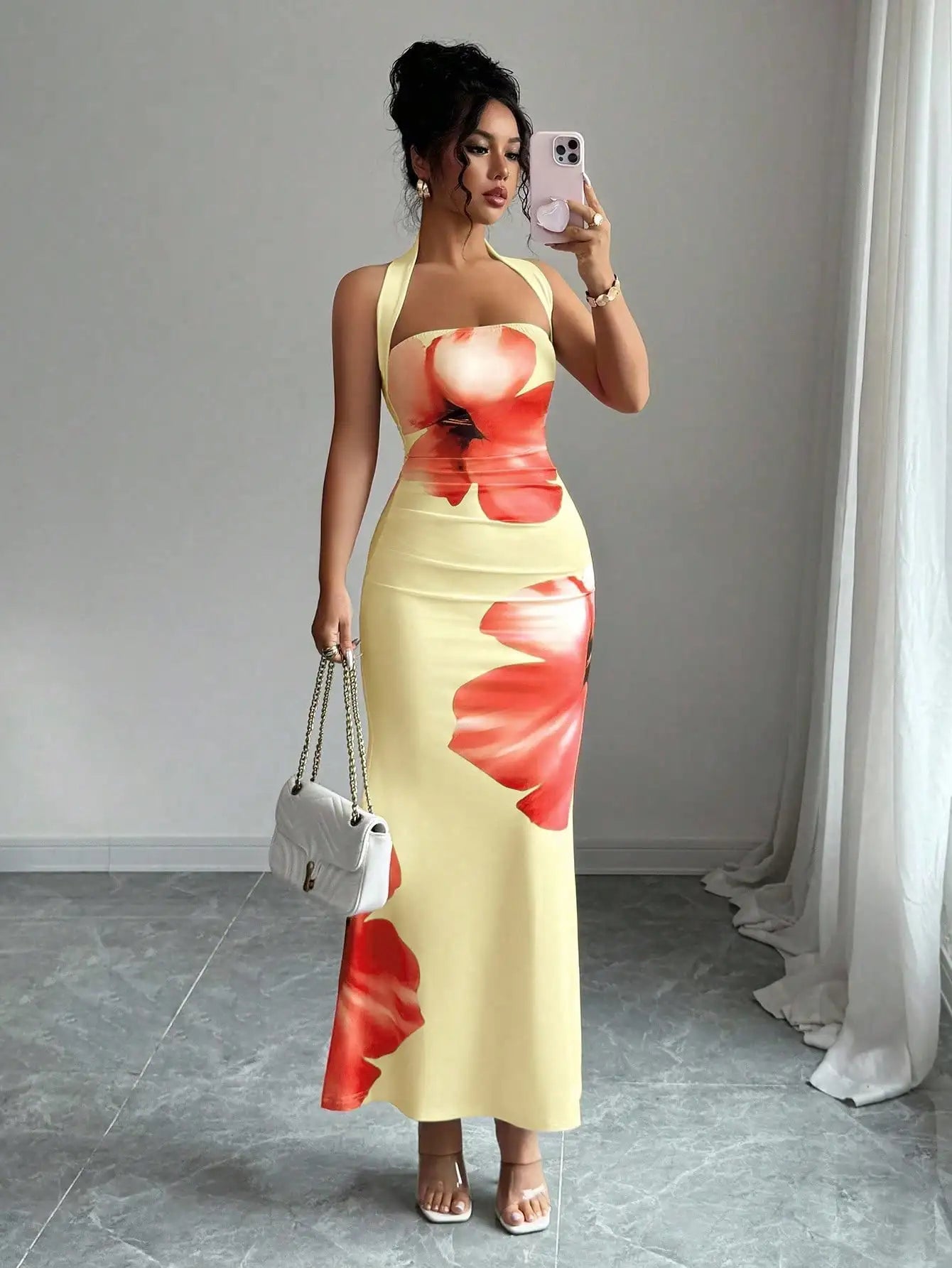Halter Neck Floral Print Slim Fit Midi Dress For Summer