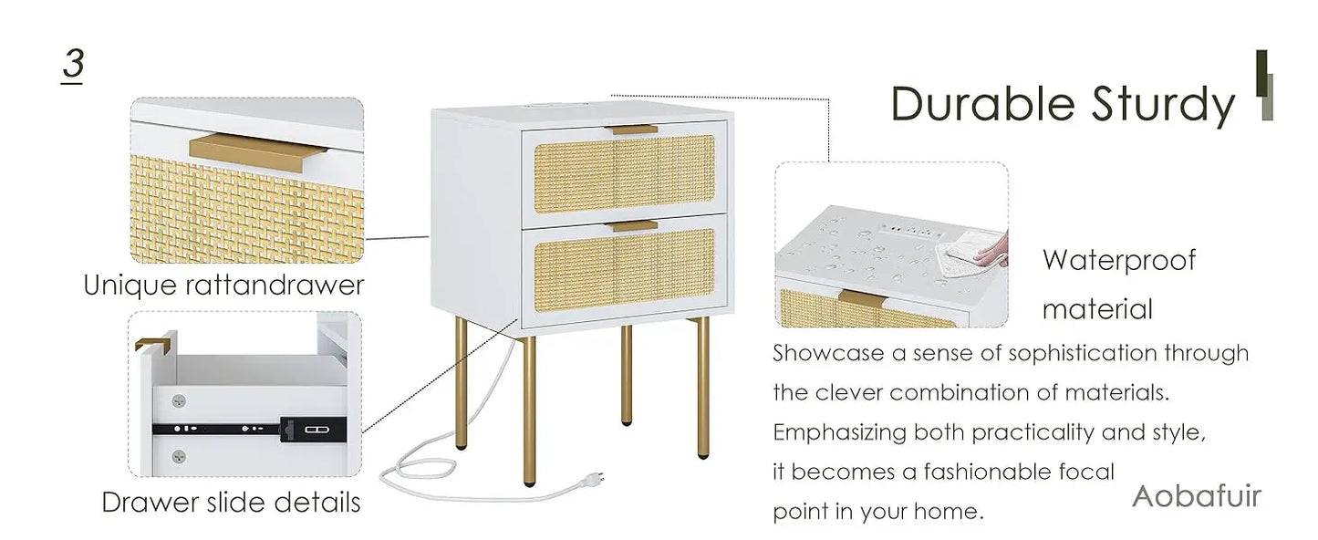XIUWO Nightstand With Charging Station Rattan Bedside Table