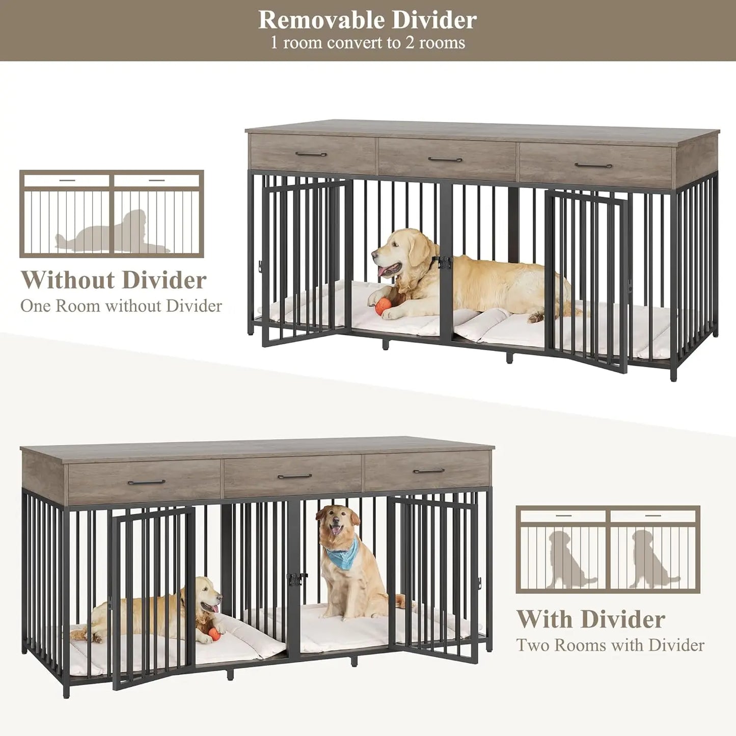 Double Dog Crate Furniture With Drawers And Removable Divider