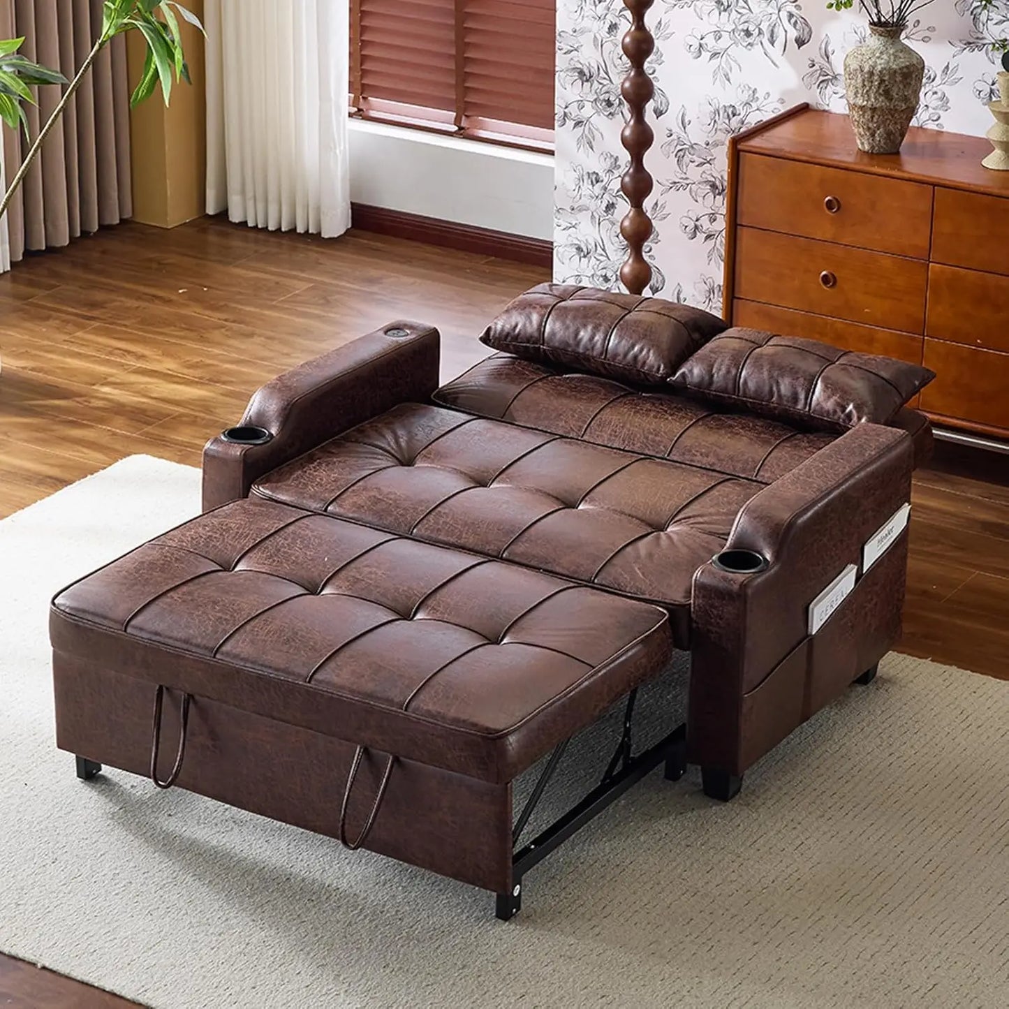 Rustic Futon Sofa Bed Convertible Loveseat With USB Ports