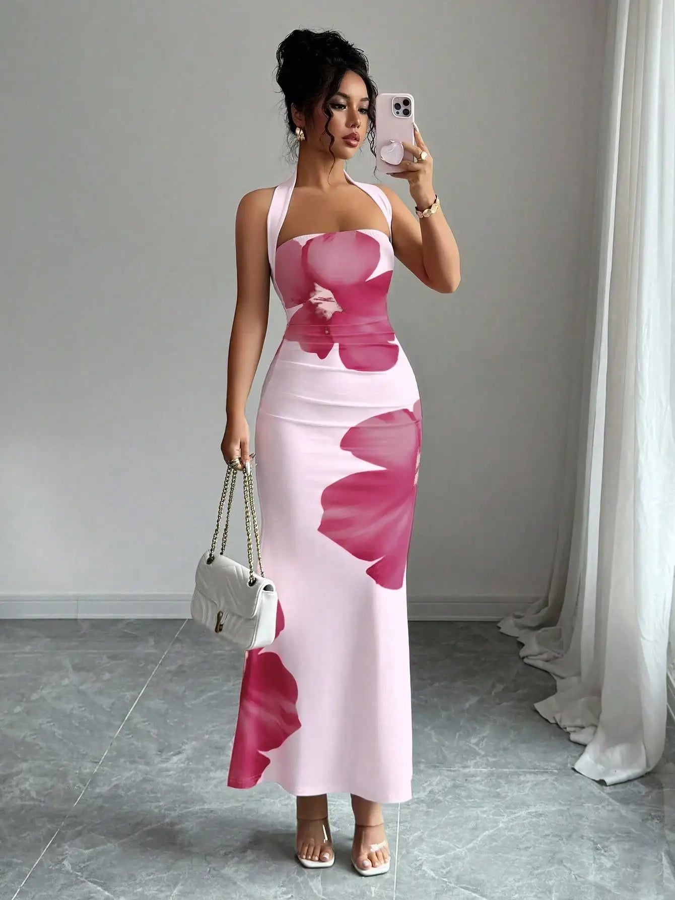 Halter Neck Floral Print Slim Fit Midi Dress For Summer