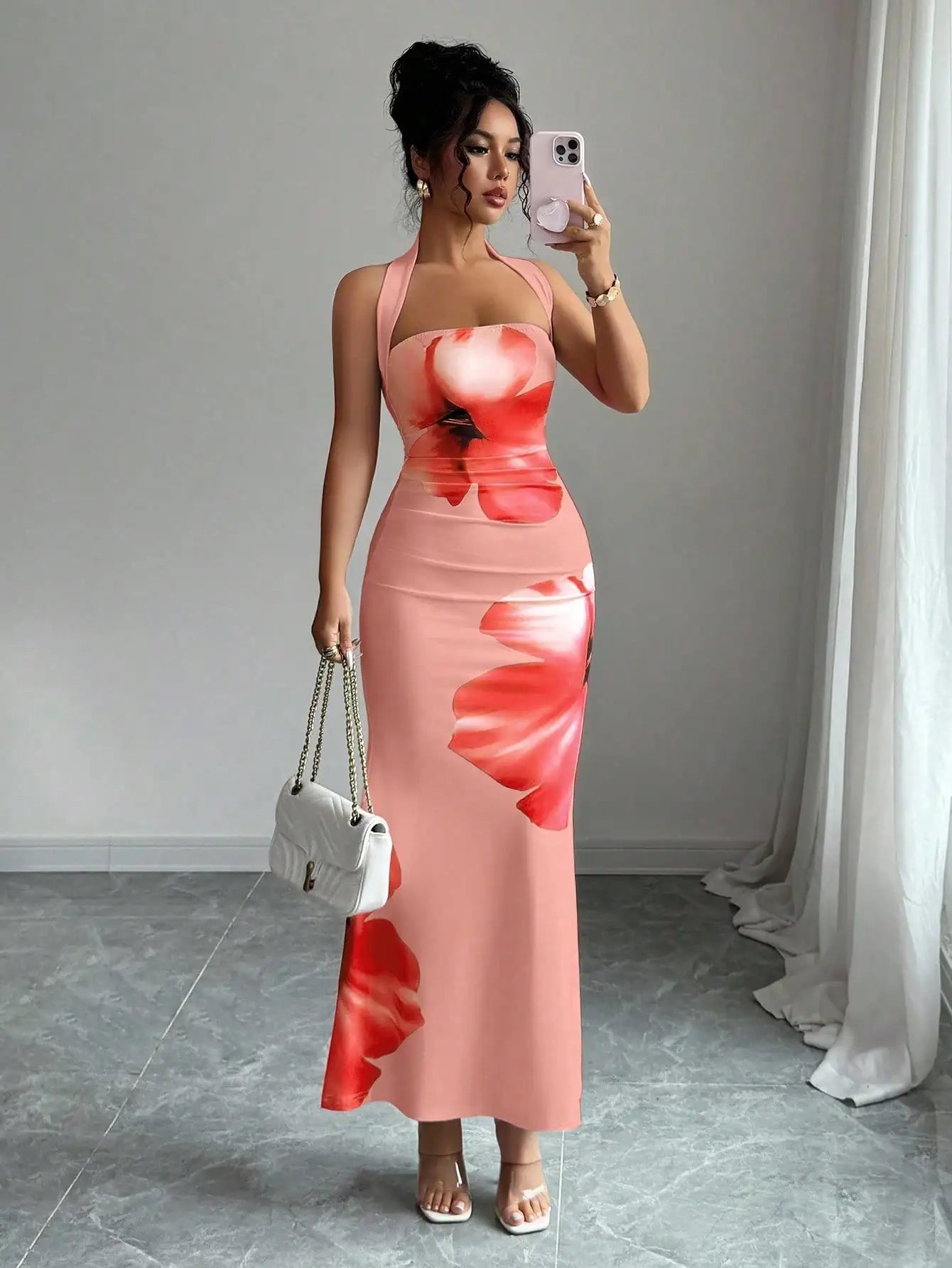 Halter Neck Floral Print Slim Fit Midi Dress For Summer