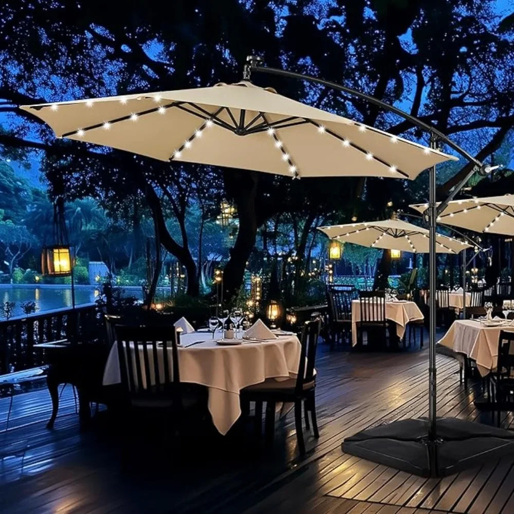 Solar Offset Cantilever Umbrella With LED Lights And Crank Base