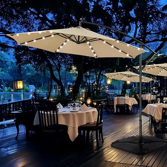 Solar Offset Cantilever Umbrella With LED Lights And Crank Base