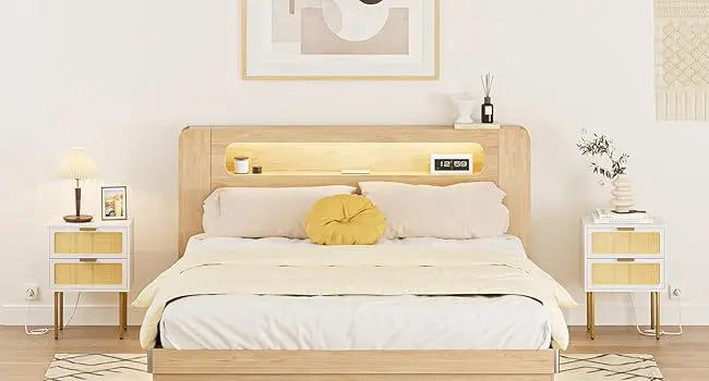 XIUWO Nightstand With Charging Station Rattan Bedside Table