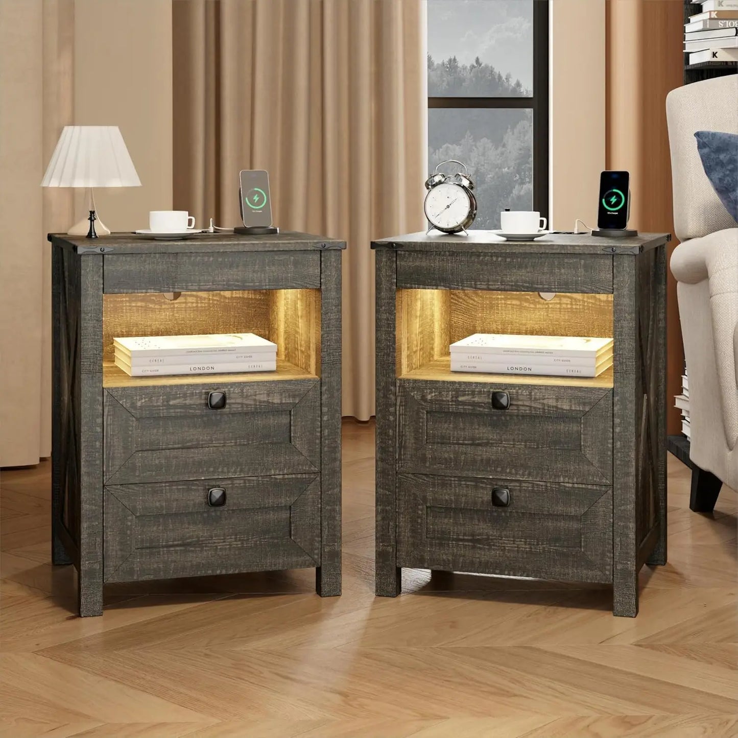 Frame LED Nightstand Set Of 2 Gun Drawer Charging Station