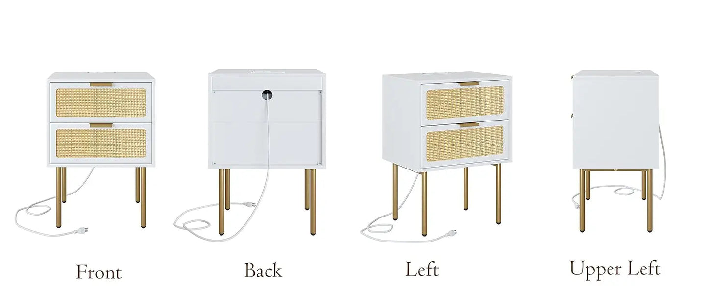 XIUWO Nightstand With Charging Station Rattan Bedside Table